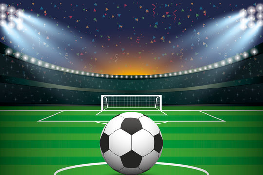 Soccer ball with soccer stadium and confetti background.
