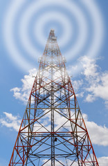 Communication tower,  mobile  radio signal visualisation, cell site,  cell tower, cellular telephone site antenna or aerial waves. Electronic communications equipment, for wireless transceivers.