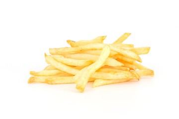 a pile of appetizing french fries on a white background