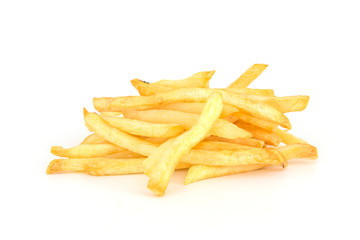 a pile of appetizing french fries on a white background