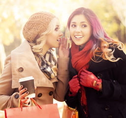 Couple of young women with shopping bags in the park