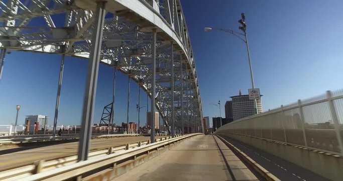 CLEVELAND - Circa September, 2016 - A driver's perspective on the Detroit-Superior Bridge over the Cuyahoga River in downtown Cleveland, Ohio. Part 1 of 2.  	