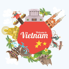 Travel to Vietnam. Set of traditional Vietnamese cultural symbols. Vietnamese landmarks and lifestyle of Vietnamese people - 119861344