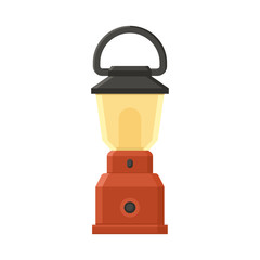 Vintage camping lantern isolated on white background. Modern lamp with glowing fire wick. Diode tourist lantern vector illustration. Old lamp for hiking.