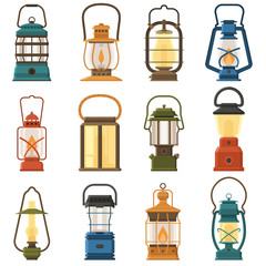 Vintage camping lantern set isolated on white background. Different oil lamp collection. Modern and retro lanterns vector illustration. Various handle gas lamps for tourist hiking. - obrazy, fototapety, plakaty