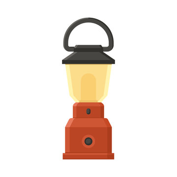 Vintage camping lantern isolated on white background. Modern lamp with glowing fire wick. Diode tourist lantern vector illustration. Old lamp for hiking.