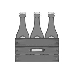 Beer bottles in a wooden box icon in black monochrome style isolated on white background. Drink symbol. Vector illustration