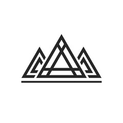 Abstract sacred geometry triangles logo sign isolated on white background, concept of royal king emblem, luxury constructions, pyramid shapes line art outline design