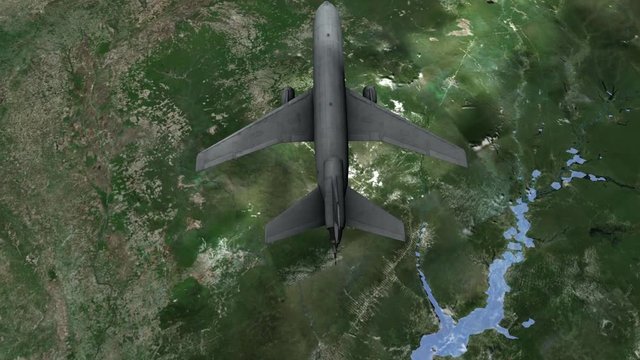 airplane flying into water atom shape from above