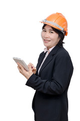 Asian engineer woman with helmet over white background