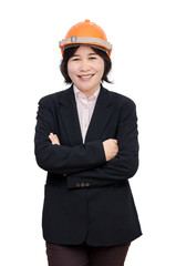 Asian engineer woman with helmet over white background
