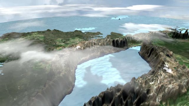 Clouds over a digital terrain and digital water bodies