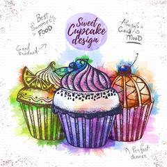 Watercolor sweet cupcake vector illustration