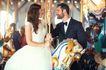 True love soulmates on their wedding day in love gazing into each others eyes magical