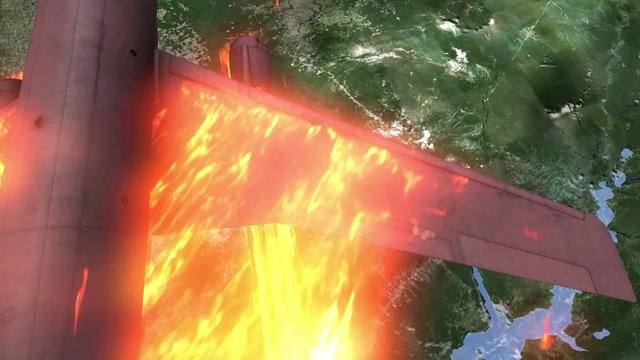 Passenger plane burning fall down over the water
