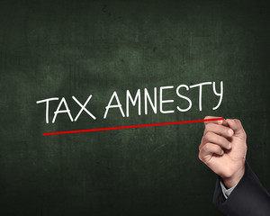 Hand holding pen and write tax amnesty words