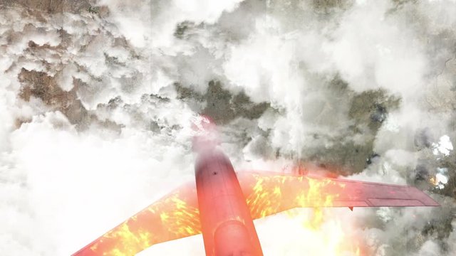 Passenger plane burning falling rickety penetrate clouds