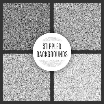 Set of black and white grainy dotwork textures. Retro halftone stippled backgrounds.