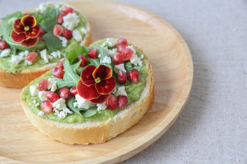 Pomegranate green sourdough open face sandwiches toast
