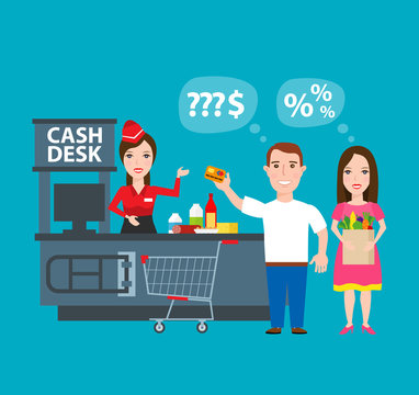 supermarket shopping cash desk man and woman buying products