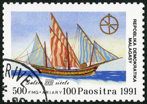 MALAGASY REPUBLIC - 1991: Galley, 500th anniv. of discovery of America