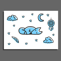 Greeting card with sleeping fox, moon, stars and dreamcatcher
