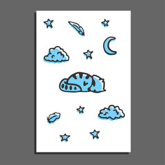 Greeting card with sleeping raccoon, moon and stars