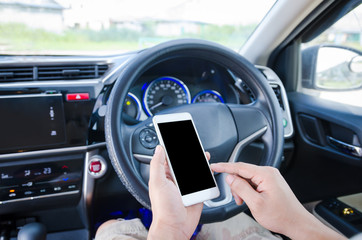 Close up shot hands of man using blank screen smart phone in the