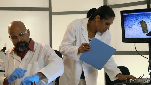 A female researcher working with a computer while her colleague works with a microscope.