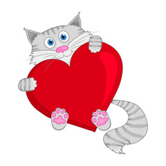 Grey cat with red heart - vector illustration.