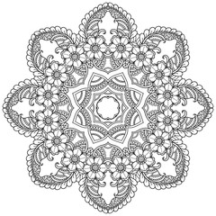Henna tattoo mandala in mehndi style. Pattern for coloring book. Hand drawn vector illustration isolated on white background. Design element in Doodles style.
