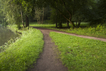 A walking path in a park along the pond. Green trees and grass field.