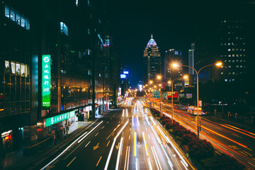 Modern buildings and street at night, in the Xinyi District, Tai