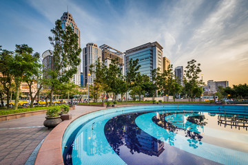 Pool and modern skyscrapers at Banqiao, in New Taipei City, Taiw
