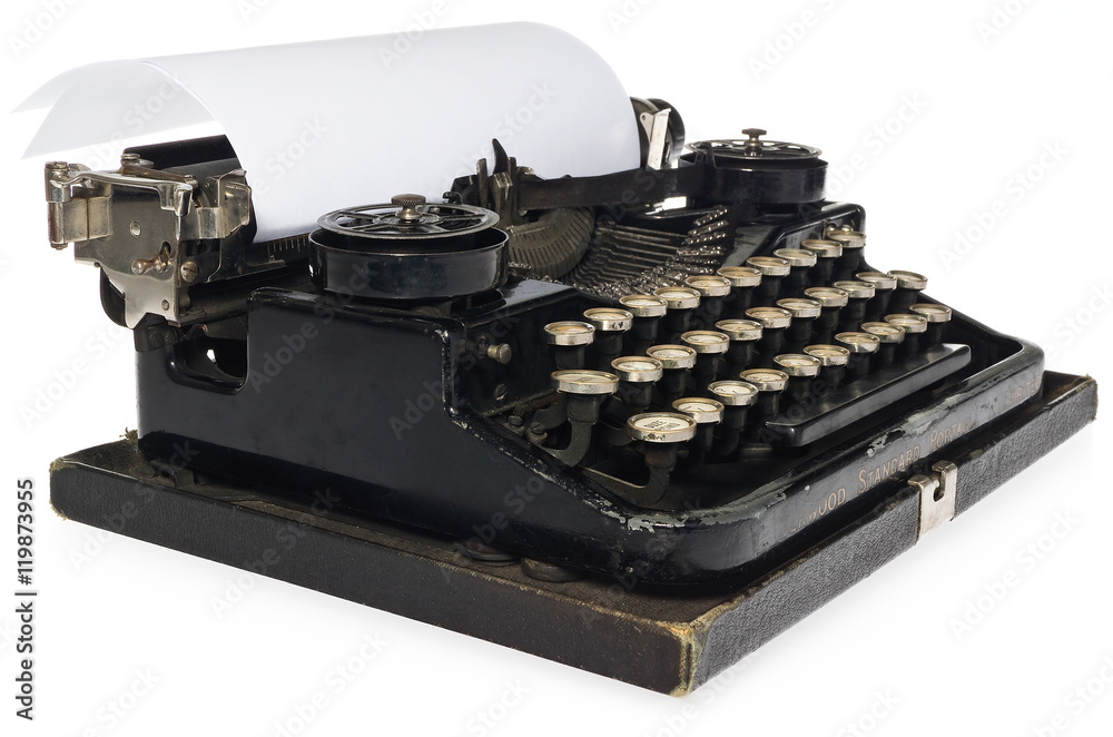 Fototapete black antique typewriter, with white blank sheet of paper. side view on a white background, view of 