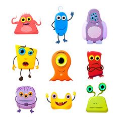 Set of cute monsters, cartoon characters on white