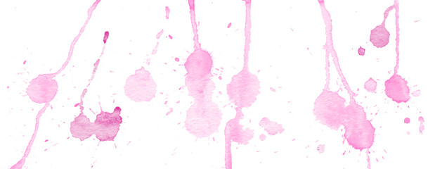 Pink watercolor splashes and blots on white background. Ink painting. Hand drawn illustration. Abstract watercolor artwork