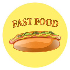 Hot Dog Cartoon Illustration. Classic american fast food - sausage with mustard in a bun. Hotdog sandwich. Vector isolated icon of hot-dog for poster, menus, brochure, web and mobile application.