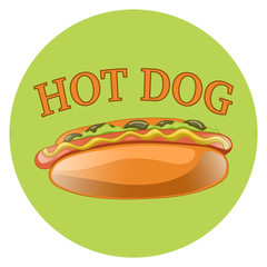 Hot Dog Cartoon Illustration. Classic american fast food - sausage with mustard in a bun. Hotdog sandwich. Vector isolated icon of hot-dog for poster, menus, brochure, web and mobile application.