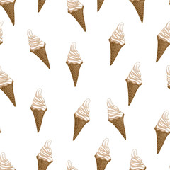 Ice cream waffle cones seamless pattern. Stylized vector illustration. Colorful melting ice-cream. Sweet dessert on white background. Vector illustration.