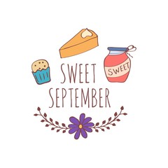 Hand drawn card with pumpkin pie, sweet jam, cake and floral frame isolated on white background. September. Sweet september.