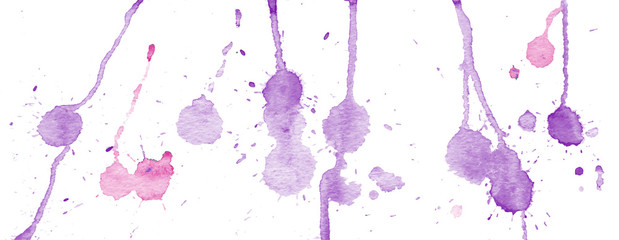 Purple watercolor splashes and blots on white background. Ink painting. Hand drawn illustration. Abstract watercolor artwork. 