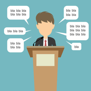 Blah blah politician. Concept of lie on debates or president election. Blank template face with speech bubbles. Male speaker.