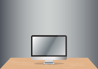 computer on office desk and space background