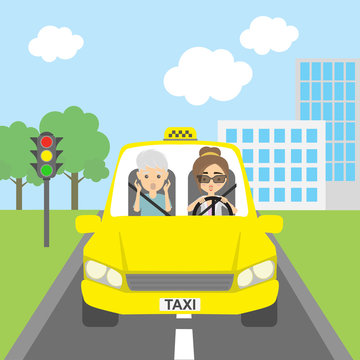 Taxi driver with passenger. Riding on the city street. Yellow car for urban service. Scared into grey hair male passenger and female driver.