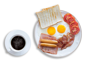 American breakfast, in white dish and black coffee