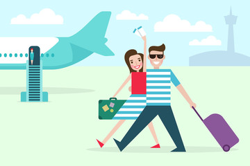 Couple tourists traveling by airplane. Woman holds air tickets in hand. 