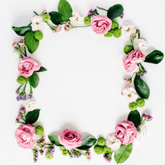 round frame wreath pattern with roses, pink flower buds, branches and leaves isolated on white background. flat lay, top view