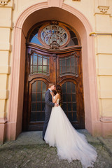 Amazing wedding couple is standing near old door