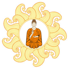 Sitting Buddha in Lotus pose in waves mandala, teaching Buddhism